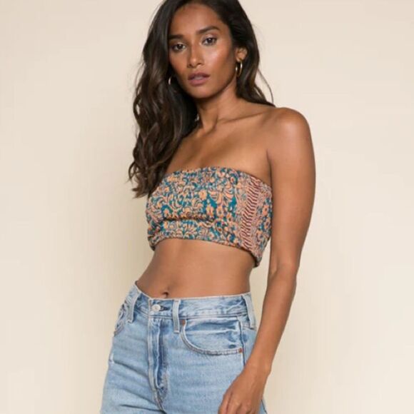 NWT Raga Bonfire Haze Bandeau Bando Smocked Strapless Tube Top Floral Paisley XS - Picture 11 of 11